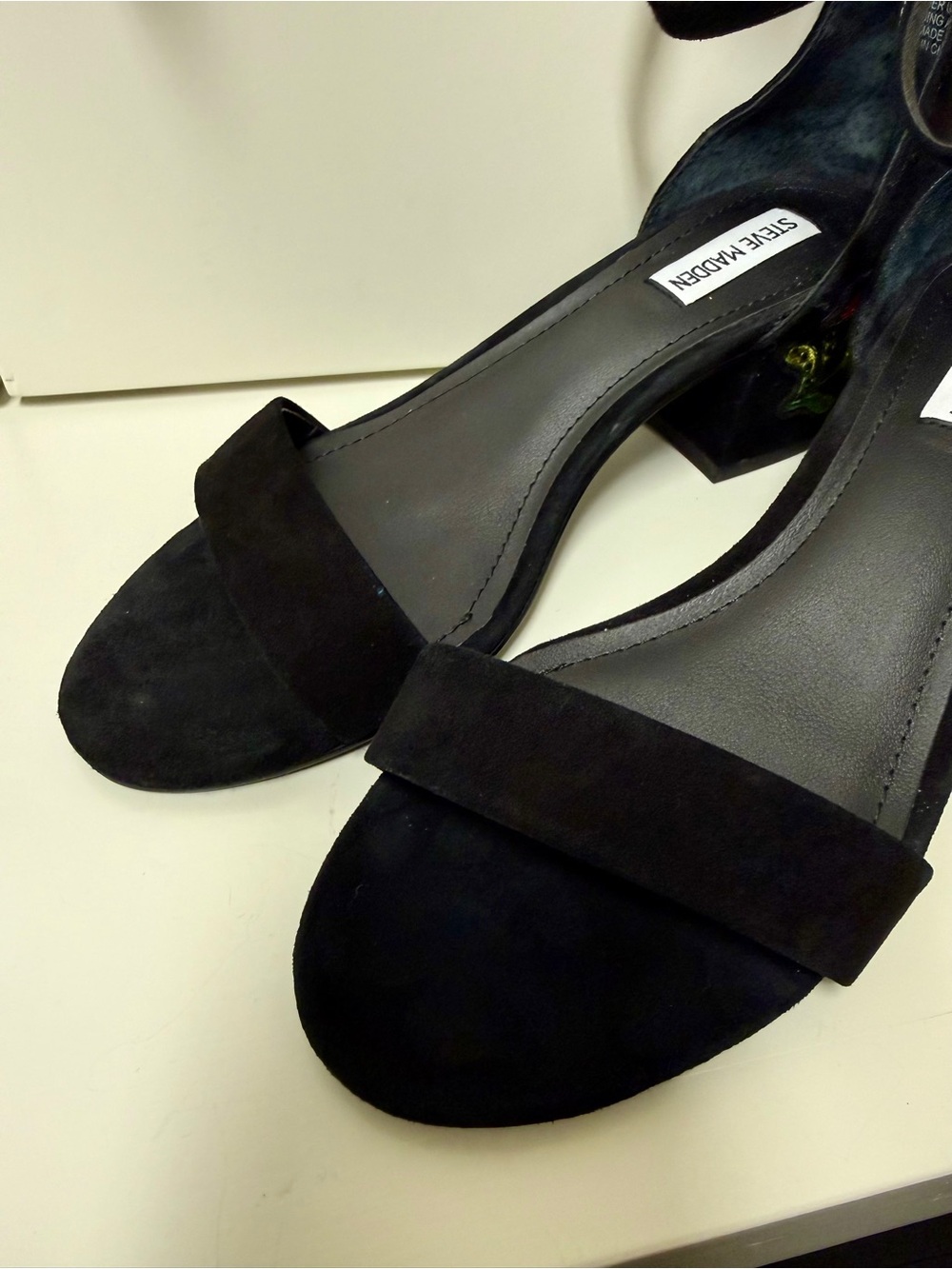 Steve Madden Inca Black Suede Embroidered Floral Block Heel Sandals Size US 8.5 - Picture 10 of 11